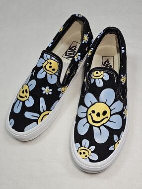 Vans Black Slip-On with Blue Petal & Yellow Smiley Daisy Print